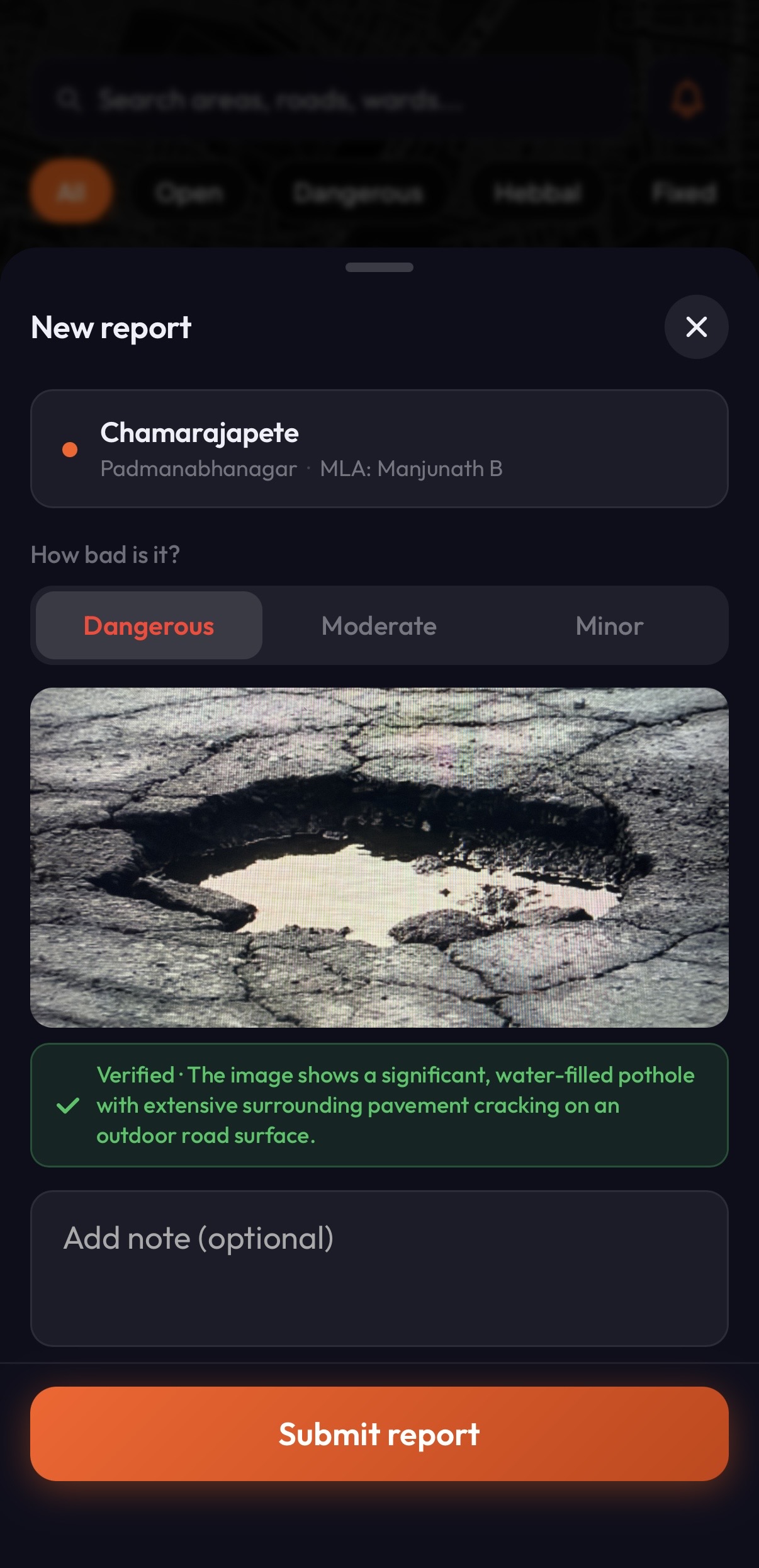 Namma Gunndi accepting a verified pothole photo