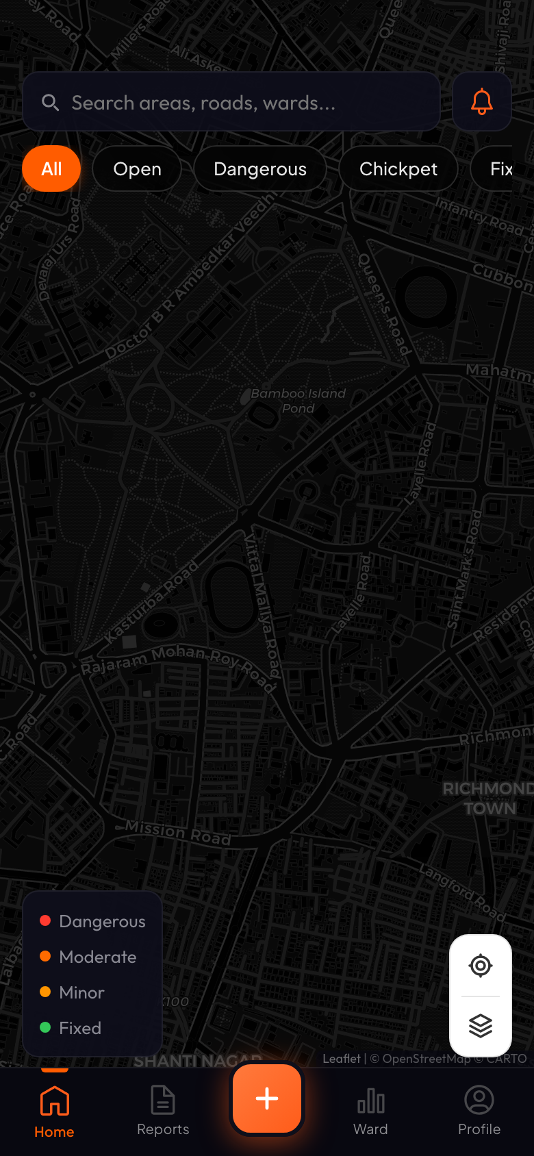 Namma Gunndi map screen showing Bengaluru with filter chips