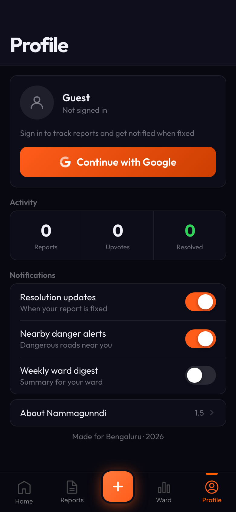 Namma Gunndi profile screen with sign-in and notifications