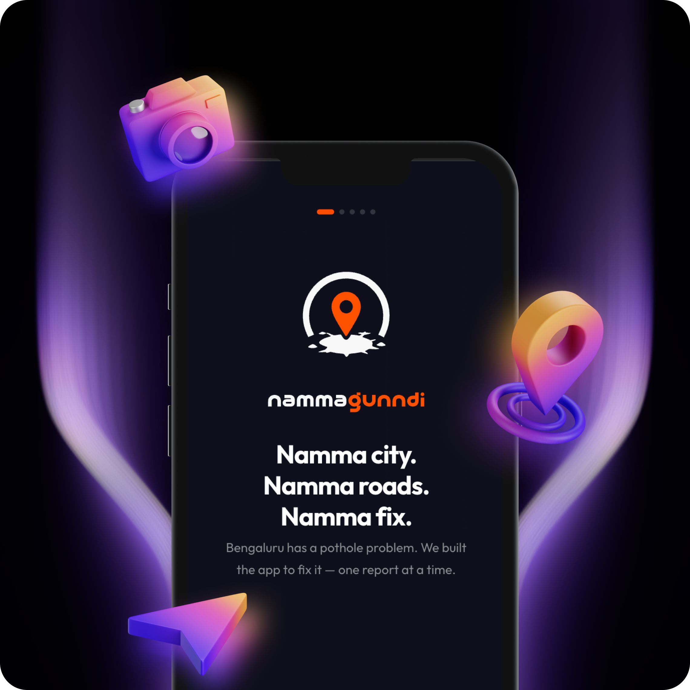 Namma Gunndi 3D mockup with camera, location pin, and arrow